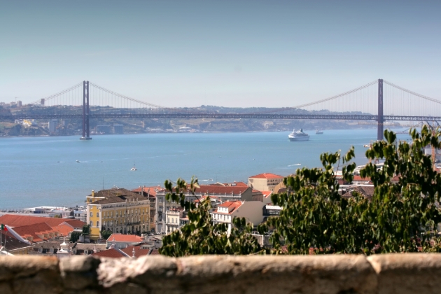 views of the 25 de Abril bridge with Lisbon’s rooftops