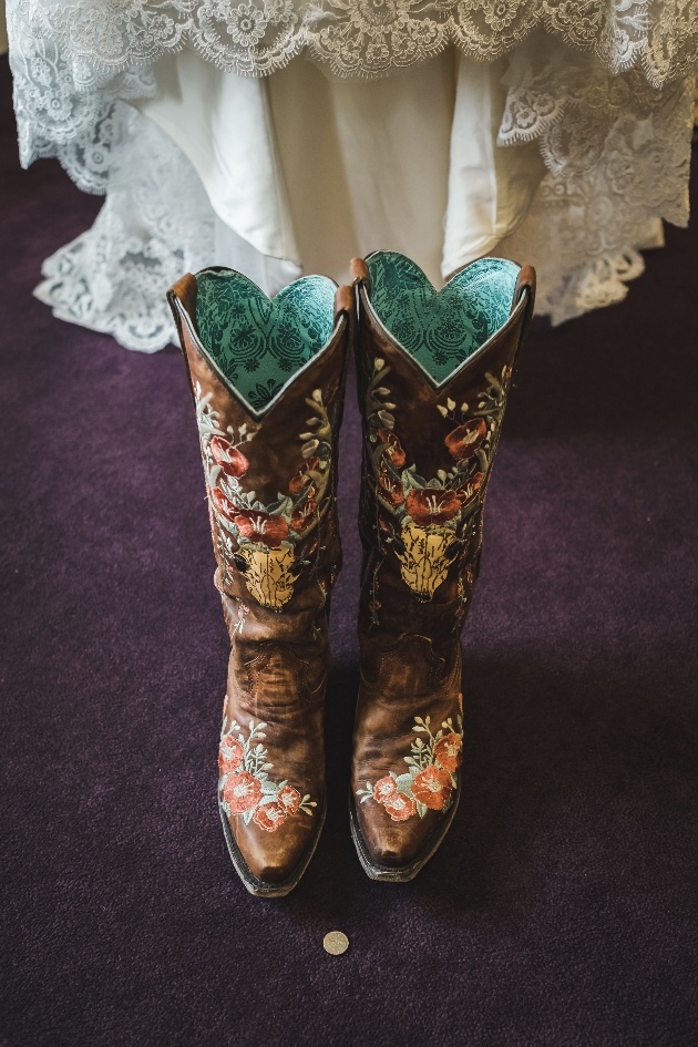 Bride's emoridered cowboy boots