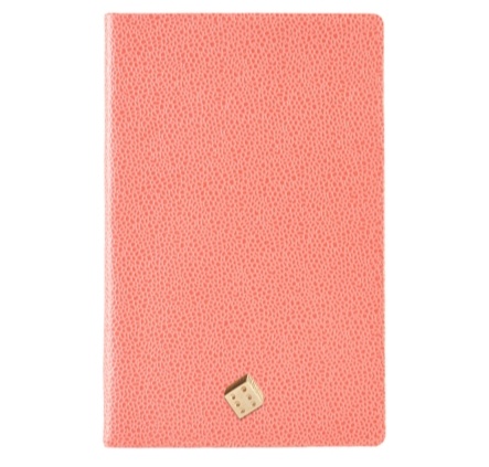 coral coloured note book with dice charm