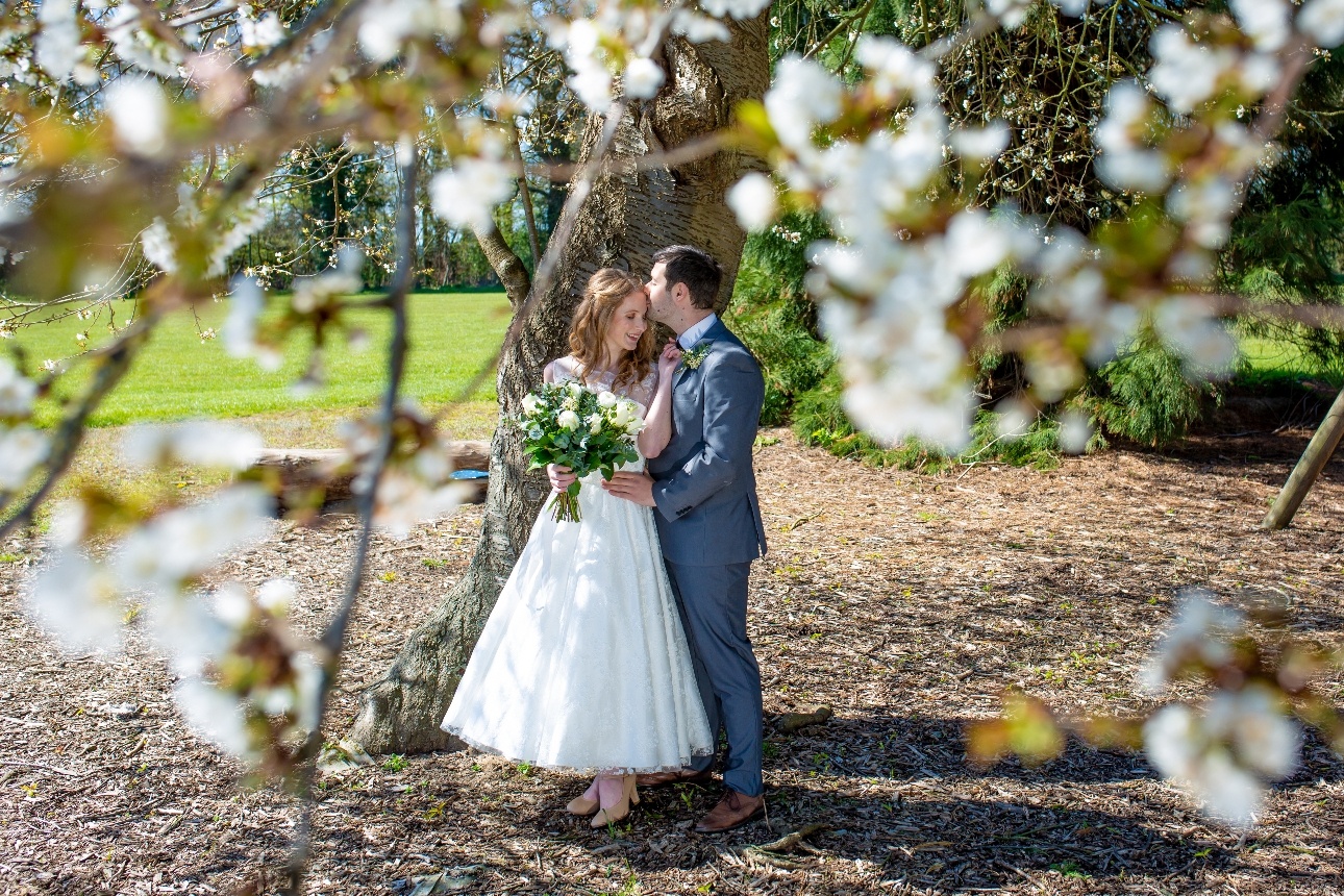 couple in wedding attire standing under blossom tree