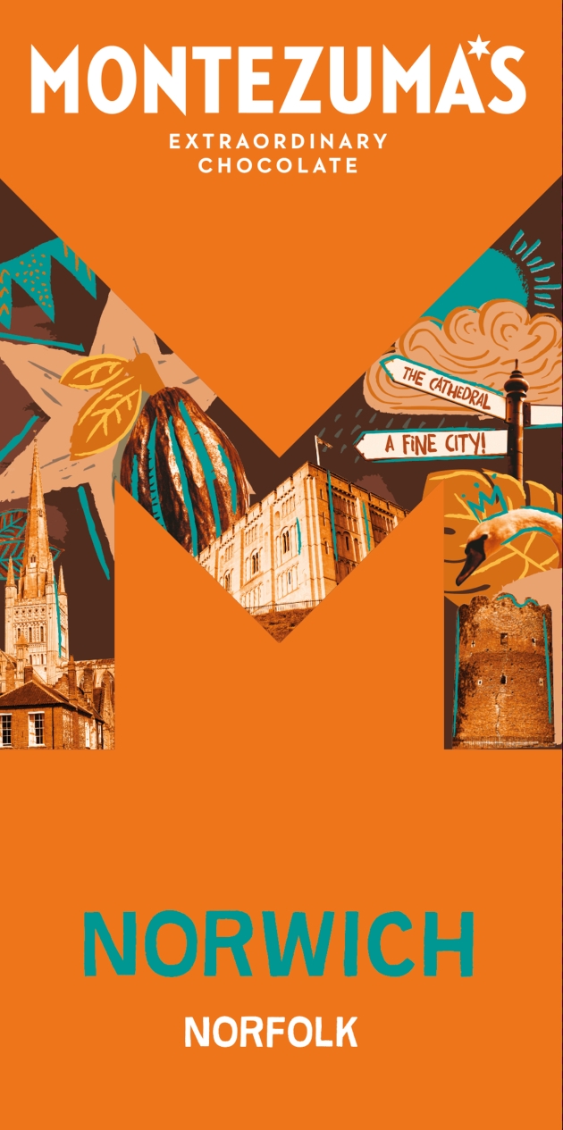 chocolate bar packaging bold orange with drawings of Norwich buildings 