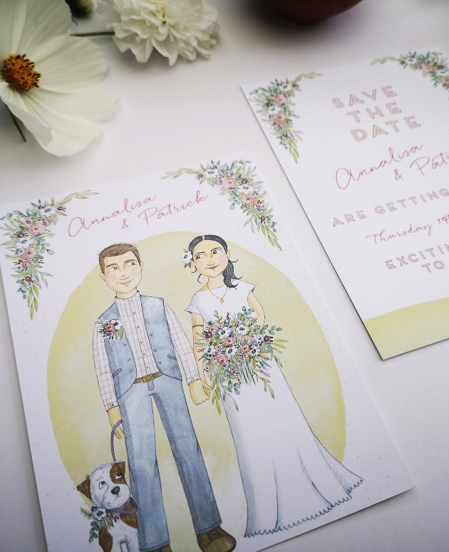 handdrawn design of a couple on their wedding day for their invites