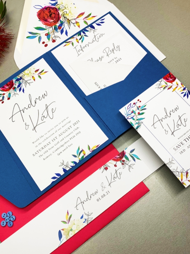 stationery suite in red white and blue with flowers