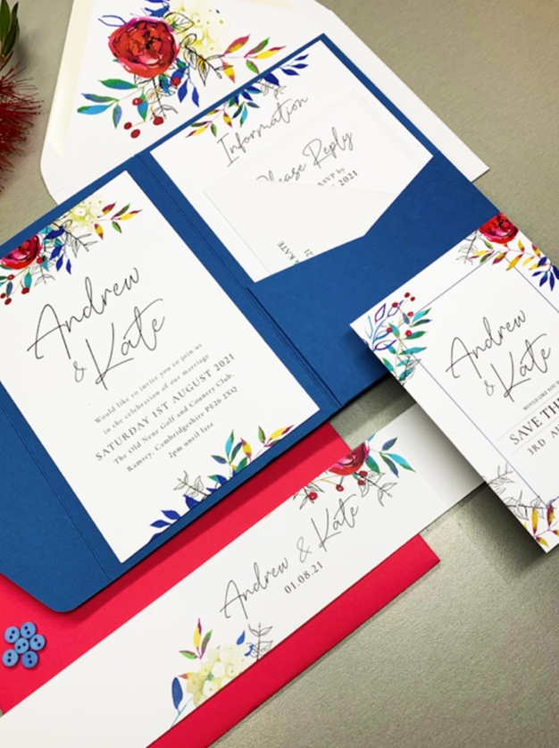 stationery suite in red white and blue with flowers
