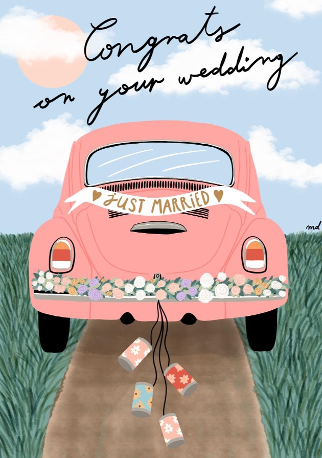 front of wedding card with a cartoon just married car