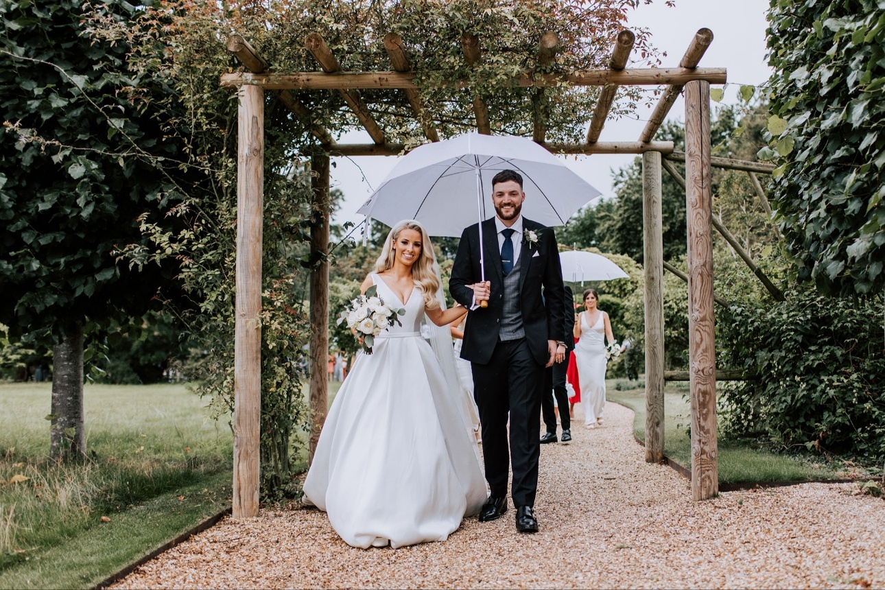 Couple walk with umbrella