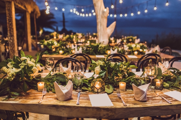 wedding table at night lit by fairlights