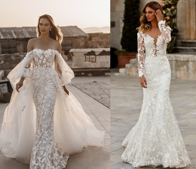strapless gown with applique and billowing sleeves and sleeved gown in lace with deep v