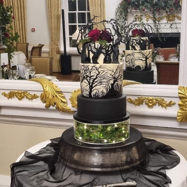 cake design multi tiers black and fairytale in style 