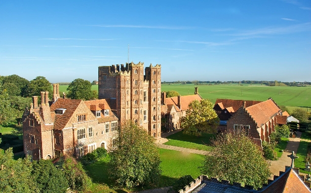 Layer Marney Tower on a sunny day, aerial view