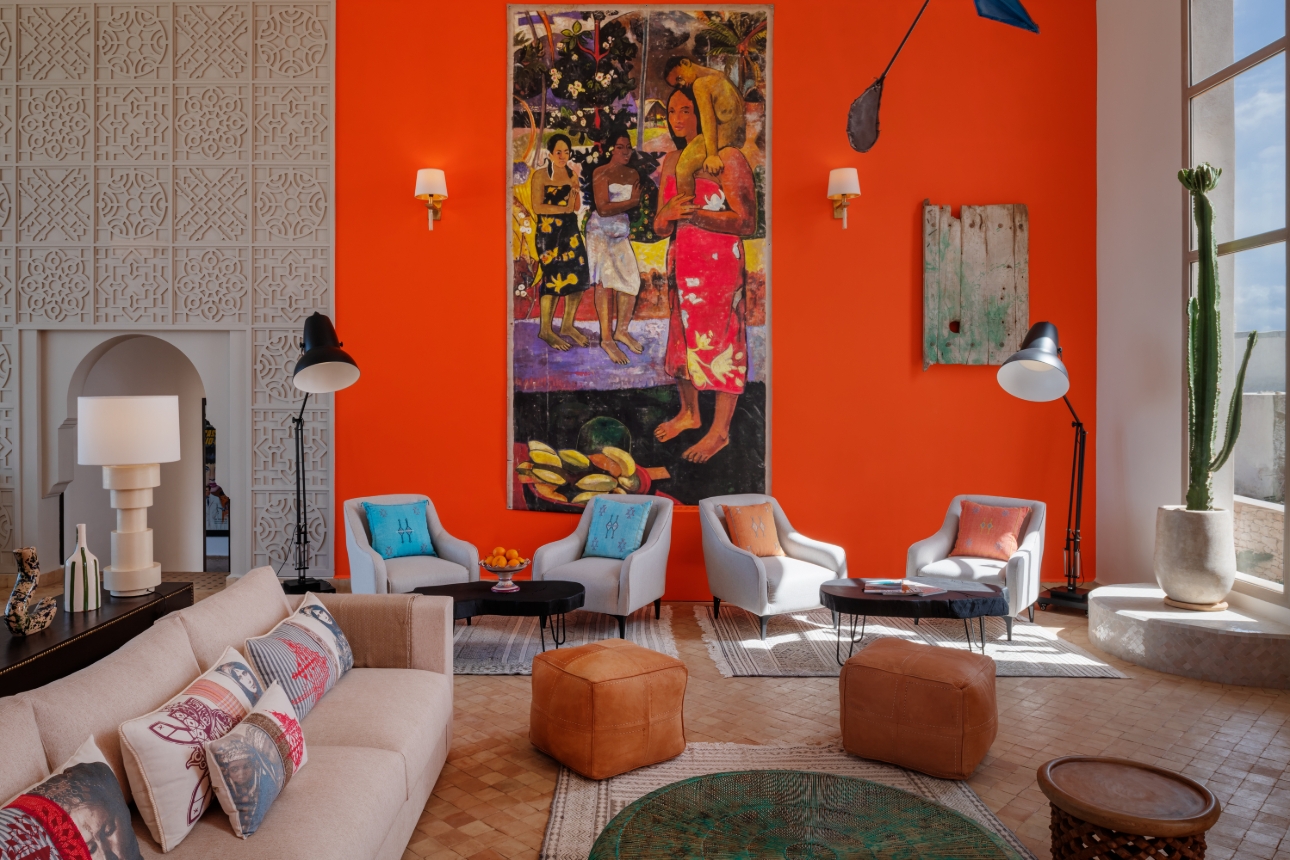 reception area in hotel brightly coloured